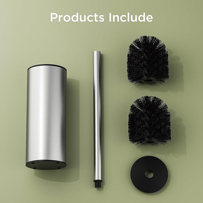 Toilet Brush and Holder Set Toilet Bowl Brush with Heavy Duty 304 Stainless Steel Base and Extra Long Handle Toilet Bowl Cleaners Brush for Bathroom (Stainless Steel)