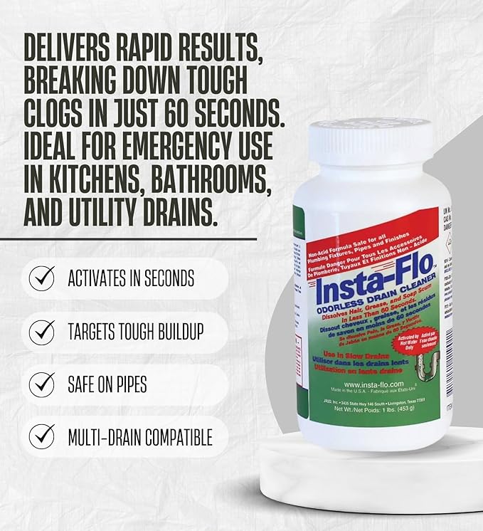 Drain Clog Remover – Insta-Flo Crystals Drain Cleaner 1 lb Bundle with Microfiber Towel – Fast-Acting Non-Acid Powder for Grease Hair and Soap Clogs in Drains and Pipes – Gift Set (3 Items)