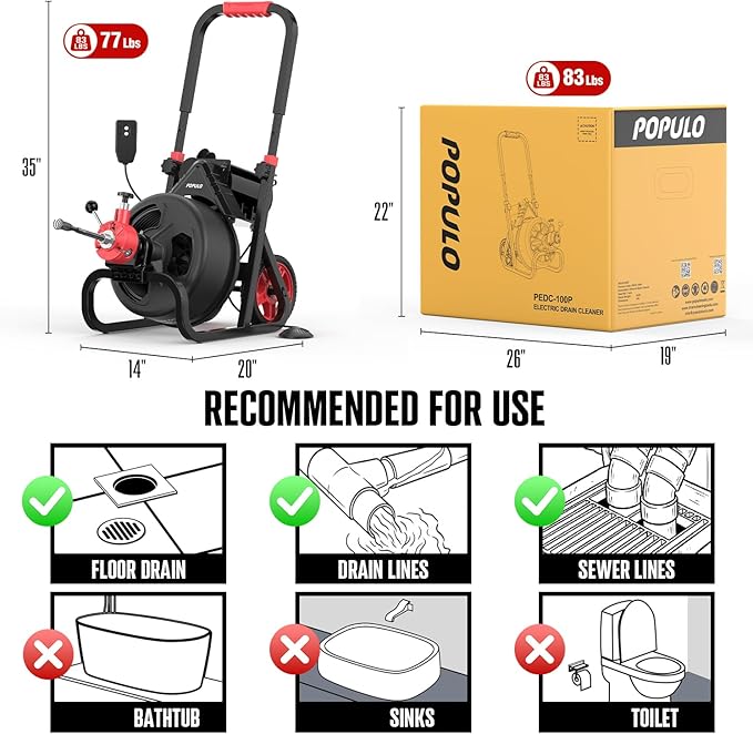 POPULO Drain Cleaner Machine 100Ft x 3/8 Inch Auto feed Sewer Snake Auger on Wheels Electric Drain Auger Professional for 1.5 to 3 Inch Pipes &amp Foot Switch with 8 Cutters