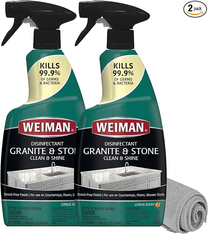 Weiman Disinfectant Granite Daily Clean &amp Shine (2 Pack with Polishing Cloth) Safely Clean Disinfect and Shine Granite Marble Soapstone Quartz Quartzite Slate Limestone Corian Laminate Tile Counte