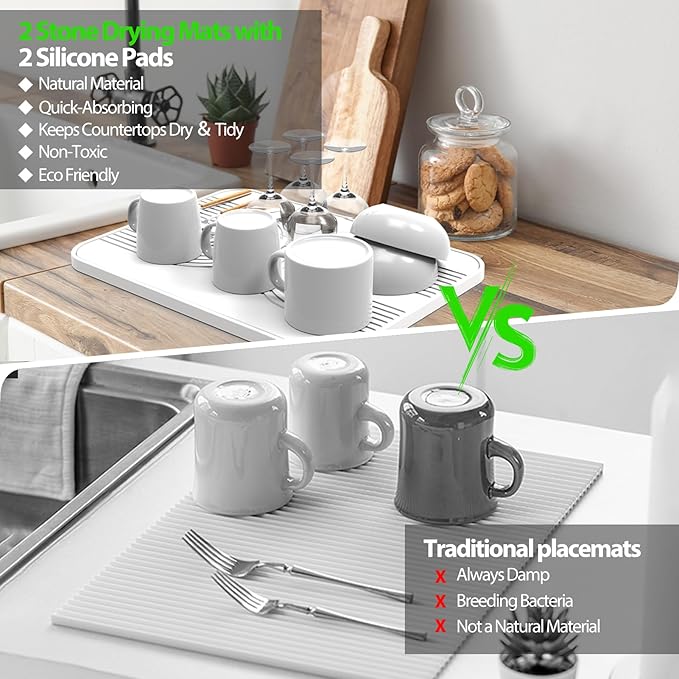 2 PCS Stone Dish Drying Mat ＆ Silicone Mat for Kitchen Counter – Diatomaceous Earth Bath Mat for Bathroom 16.14L×12.4W×2 Quick Dry Mats for Dishes Bottles Cups Match Any Countertop(White)