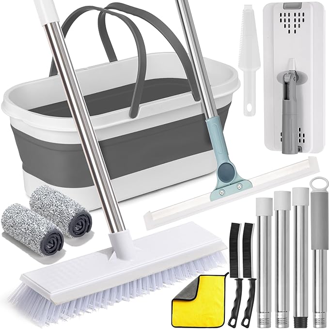 Flat Mop and Bucket Set with Floor Squeegee Heavy Duty Scrub Brush 2 Washable Reusable Microfiber Pads for Tile Hardwood Wall Cleaning Home Indoor or Outdoor Cleaning (White-Gray)