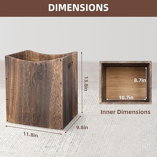 2 Pack 5 Gallon Wooden Trash Can Curved Design Office Waste Basket Rectangular Farmhouse Garbage Can Brown Vintage Wood Trash Can Storage Basket With Handles for Bedroom Office Decorative