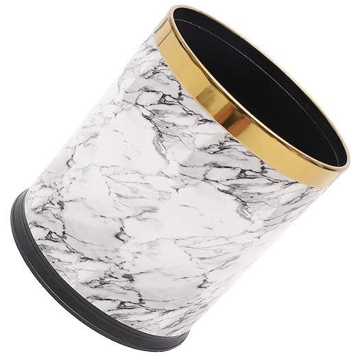 Marble Pattern Wastebasket with Gold Ring Round Plastic Bathroom Trash Can Kitchen Garbage Container for Residential and Hospitality Use