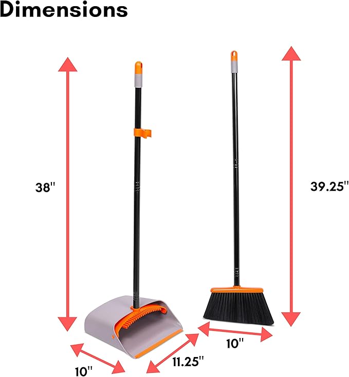 BirdRock Home Broom and Dustpan Set - Lobby Dust Pan - Orange and Grey Durable Set - Indoor or Outdoor - Sweep Combo Great for Kitchen Home Garage and Office - Clip On Self Cleaning Bristles