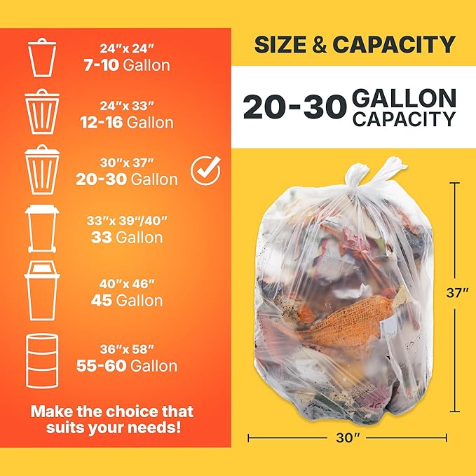 20-30 Gallon Trash Bags 10 Micron High Density Garbage Can Liners Bulk 30 x 37 Natural Clear 500 Count