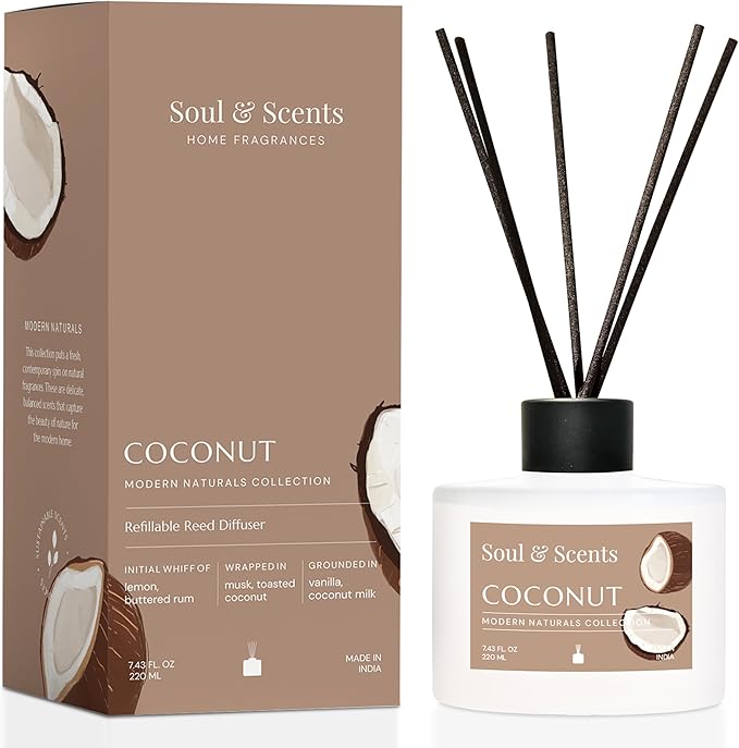 Soul &amp Scents Reed Diffuser Set – Coconut | 7.43 oz Refillable Scented Oil with 6 Fiber Sticks | Long-Lasting Home Fragrance &amp Air Freshener for Bedroom Bathroom Office | Gift &amp Décor Pi