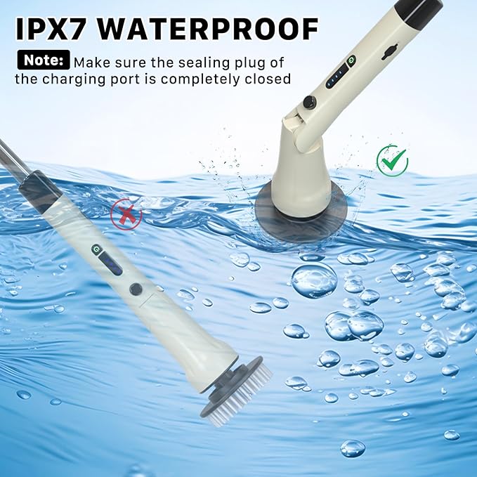 Electric Spin Scrubber Hillyfe Bath Scrubber for Cleaning with 7 Replaceable Brush Heads IPX7 Waterproof300/400 RPM 3 Adjustable SizeCordless Shower Cleaner Brush for Bathroom FloorBeige