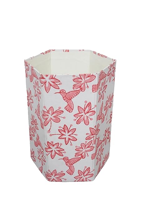Generic 3.3 Gallon Cotton Hand Block Printed Paper Waste Basket |Small Decorative Trash Can for Housewarming Gifts in Living Room Bedroom Bathroom | Eco-Friendly Plastic-Free (1 PINK BIRD)