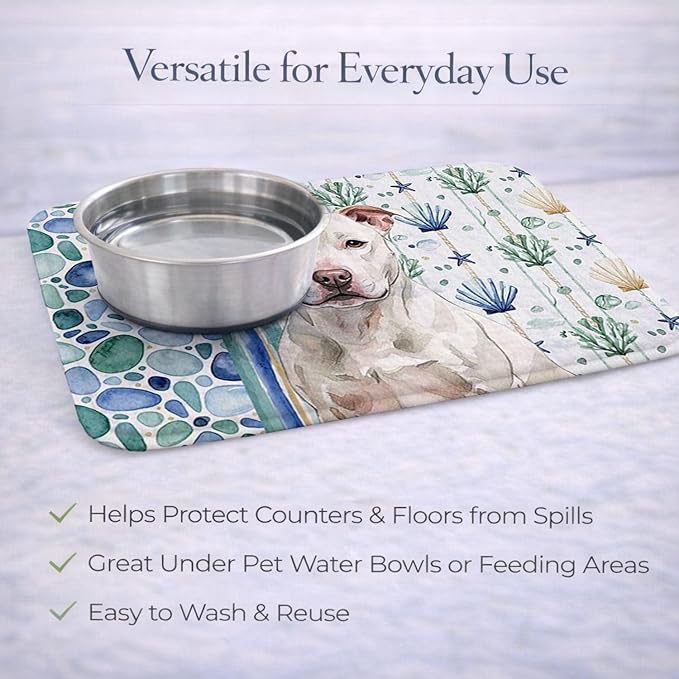 Caroline's Treasures White Staffordshire Bull Terrier Coastal Sea Glass Dish Drying Mat Absorbent Dish Drying Mat Pad for Kitchen Counter Dish Drainer Mat for Countertop 14 x 21 Multicolor