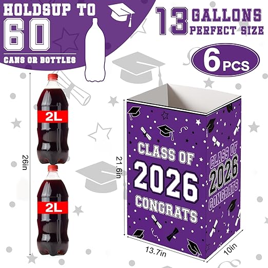 Tinlade 6 Pack 2026 Purple Graduation Decoration 13 Gallon Disposable Trash Cans Class of 2026 Party Garbage Bins Large Waterproof Foldable Recycle Pop up Bins for Graduation Party School