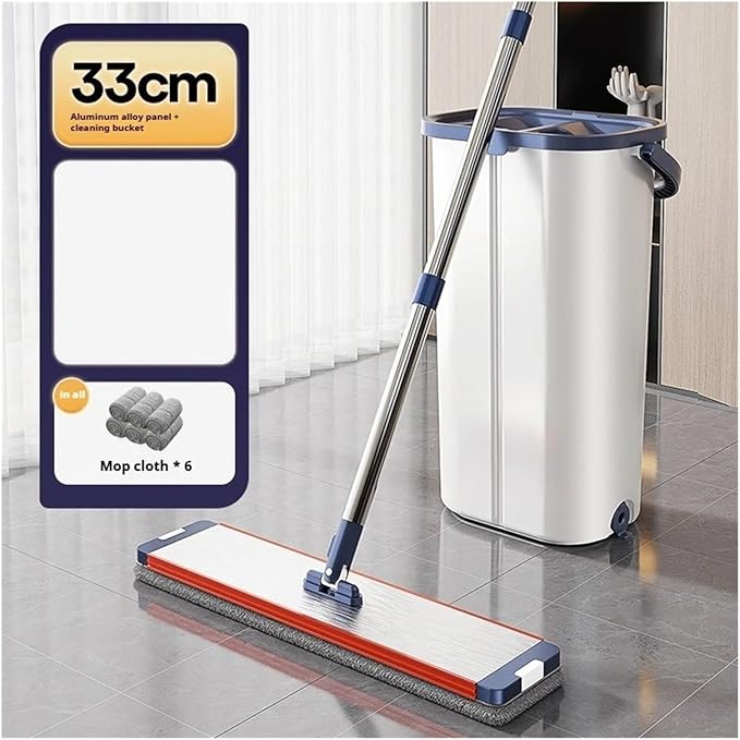 Hands - Free Flat Mop with Bucket 32cm Large Panel 360° Rotation Wet &amp Dry Use Anti Tangling Water Scraping