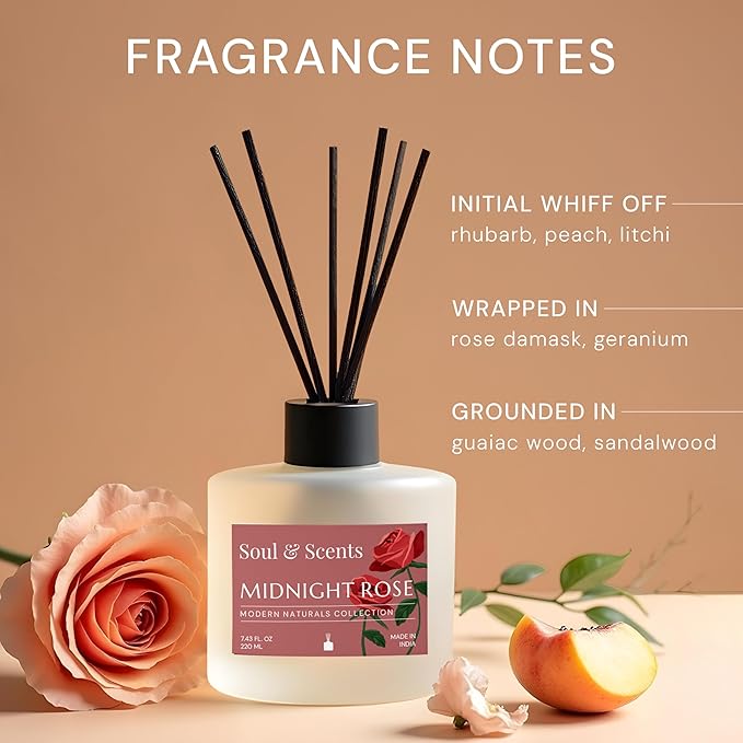 Soul &amp Scents Reed Diffuser Set – Midnight Rose | 7.43 oz Refillable Scented Oil with 6 Fiber Sticks | Long-Lasting Home Fragrance &amp Air Freshener for Bedroom Bathroom Office | Gift &amp Dé