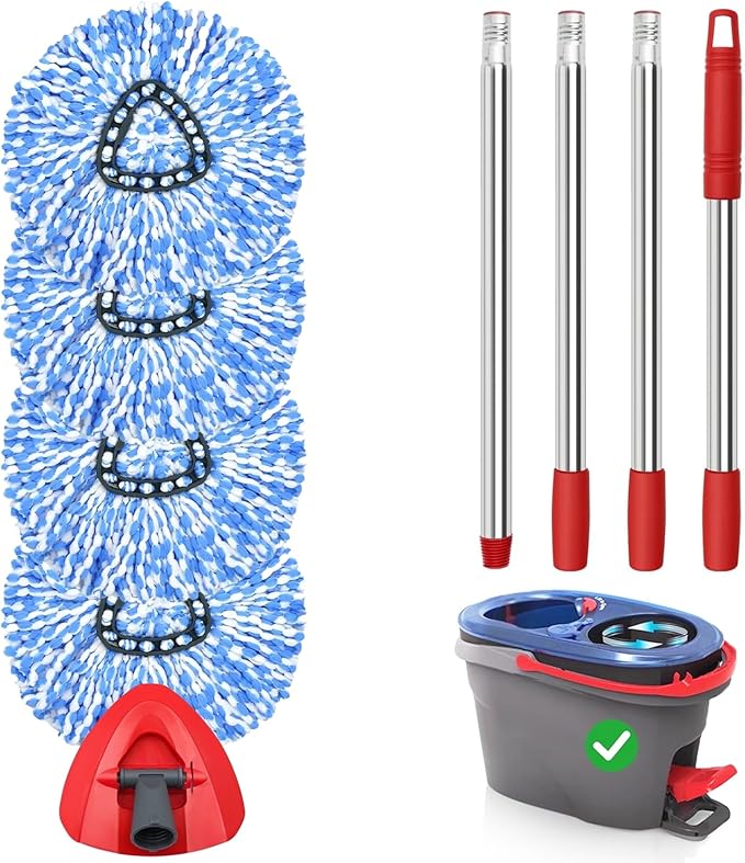 Spin Mop Replacement Heads 4 Pack with 1 Triangle Base and 58 inches Long Handle for O-Cedar 2 Tank SystemMachine Washable