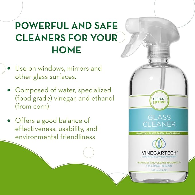CLEAN+GREEN VinegarTech Glass Cleaner Spray - Cleaning Vinegar- Vinegar For Cleaning Purpose - Glass Cleaner Window Cleaner Bathroom Glass Cleaner- Spray Cleaner for House Supplies- 24 Fl Oz