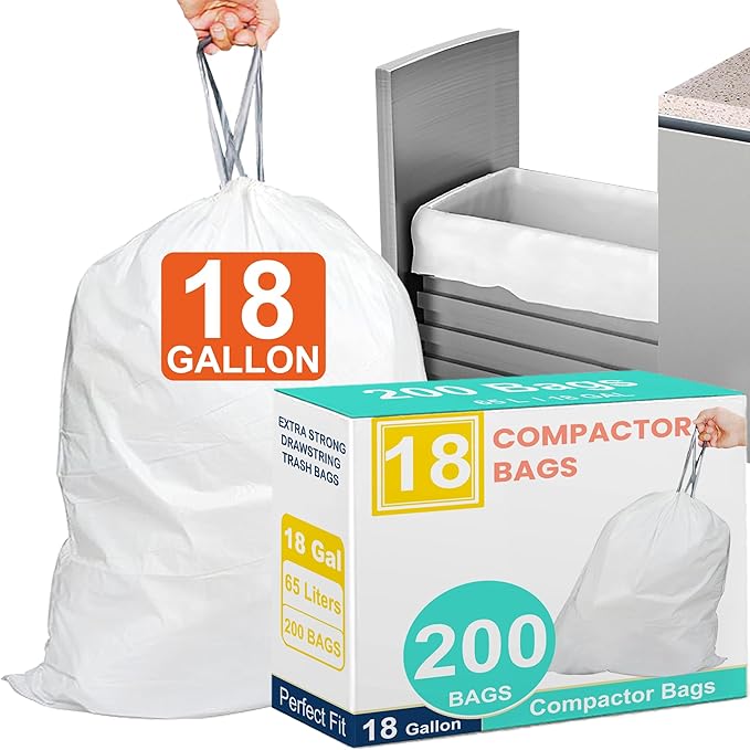 18 Gallon 200 Count Heavy Duty Compactor Trash Bags 1.2 Mil THICK Reinforced Drawstring Garbage Liners Fit 13-18 Gallon Compatible with Kitchenaid Whirpool GE 15 Inch Compactors GRAND SAVE!