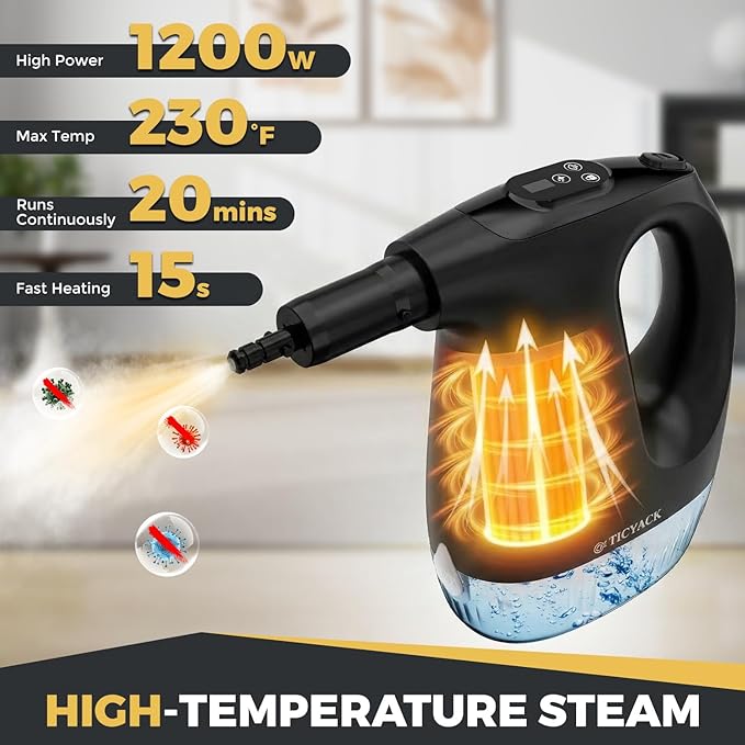 Handheld Steam Cleaner 15S Rapid Heating 3 Adjustable Modes 14 Cleaning Kits Steam Cleaner for Home Kitchen Bathroom Car（Black）