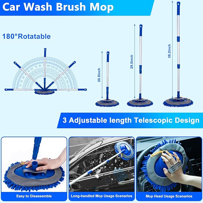 THINKWORK Car Wash Kit Car Detailing Kit with Foam Gun Car Wash Brush Mop and Large Folding Bucket Suitable for Car Cleaning Blue Car Wash Set Gift for Men and Women