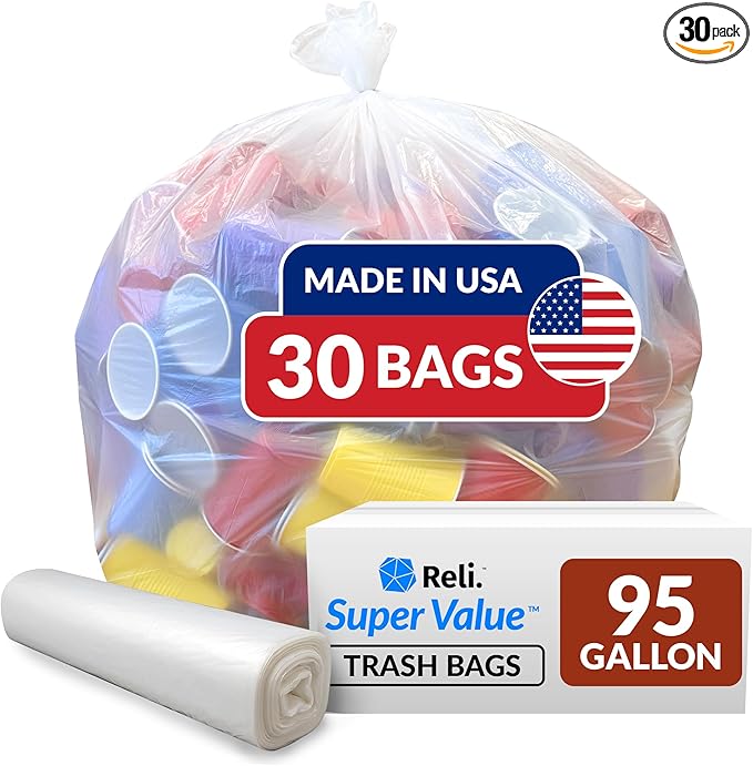 Reli. 95 Gallon Trash Bags Heavy Duty | 30 Trash Bags | Super Sizeable Clear Garbage for Serious Cleanup