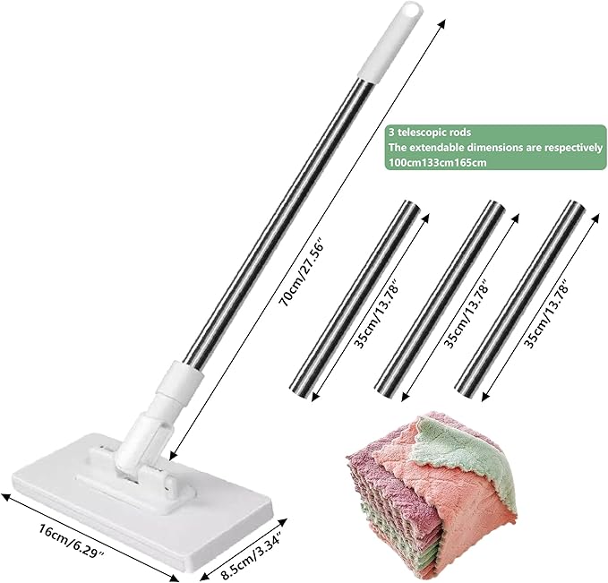 Quick-Grip Mini Mop Touch-Free Cloth Change 20 Reusable Cloths Included 37/70/100/133/165 cm Telescopic Gap Dust Cleaning Duster Flat Mop with Locking Head