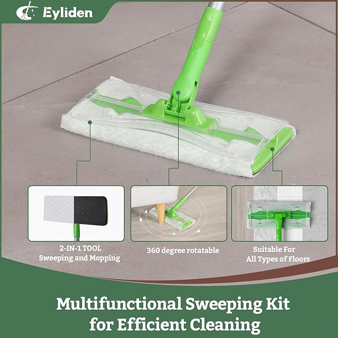 Eyliden Sweeper Mop with 36 Refills - 3 Types of Disposable Dry &amp Wet Cloths | Lock-Tight Design No Lost Pads Universal Refills Multi-Surface Sweeping Starter Kit for Pet Hair Dust Floor Clean