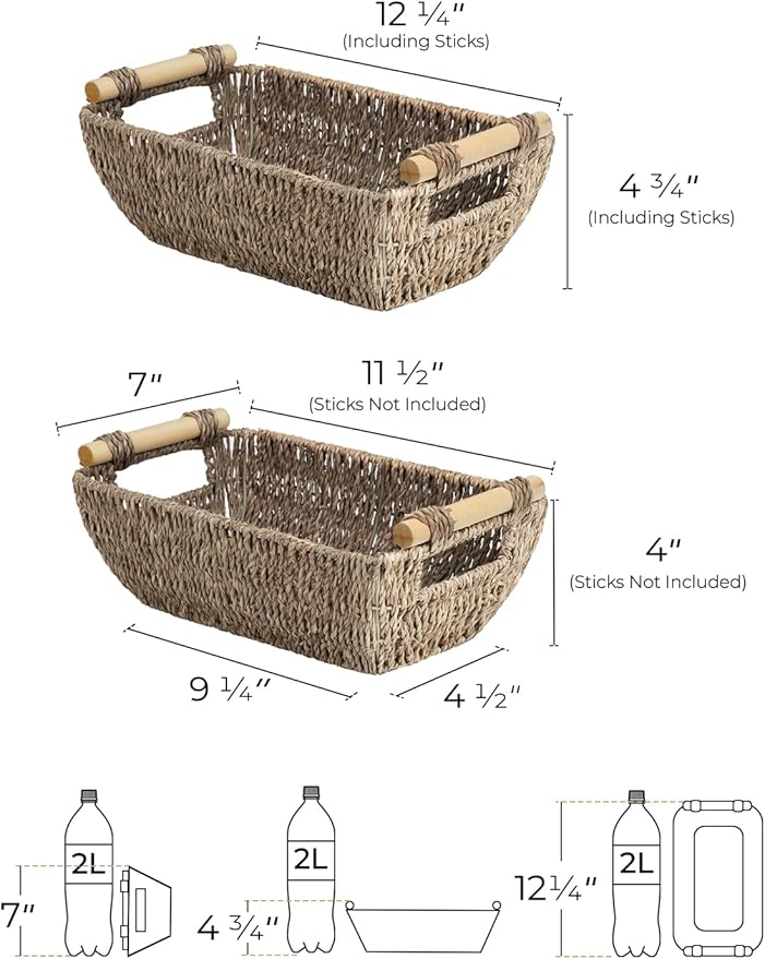 StorageWorks Small Baskets for Shelf Seagrass Woven Basket with Wooden Handles for Gifts 2-Pack