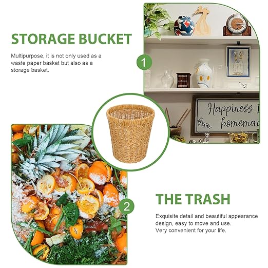 Alipis Rattan Trash Can Kitchen Waste Basket Weaving Wastebasket for Kitchen Living Room Storage Basket