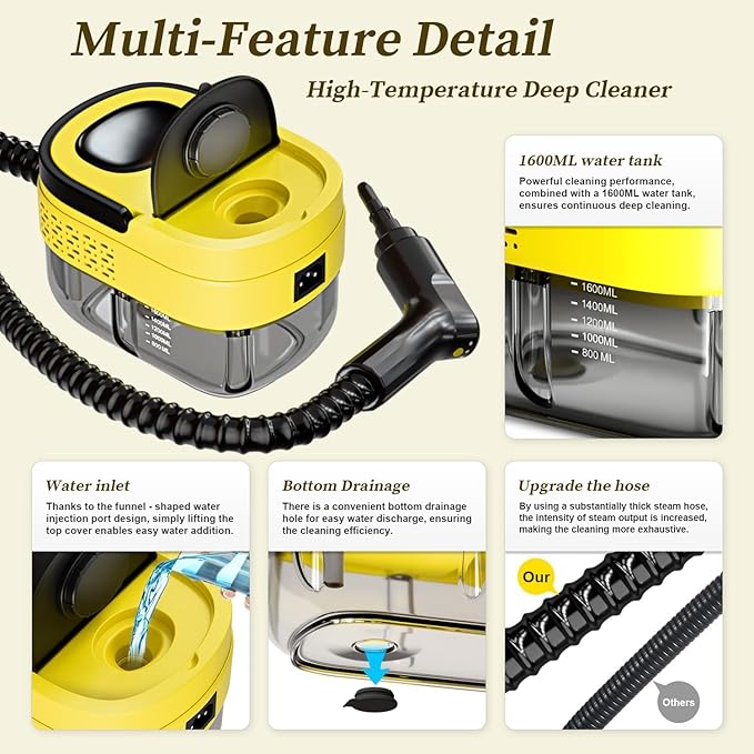 Steam Cleaner15s Heat-Up1.6L Tank3-Level Adjustable Handle2500W Steamer for CleaningPortable Steamer for Cleaning with 16PCS AccessoriesSteam Cleaner for HomeCarDirtGreaseGroutTileCouch