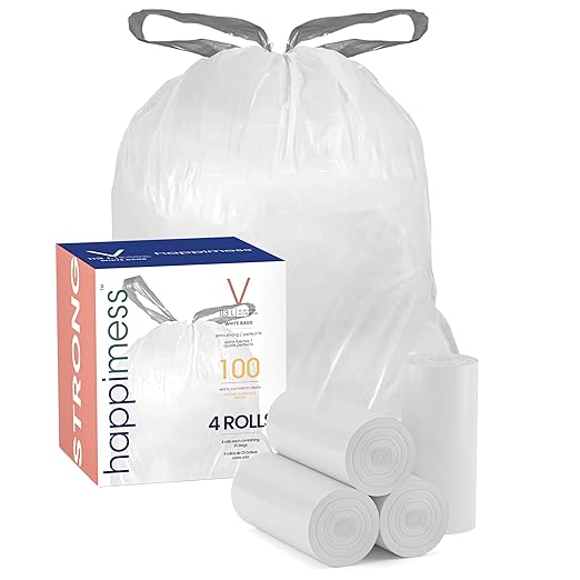 happimess HPM3000V-WHITE 100-Count 30 Gallon Drawstring Unscented Trash Can Liner for Business Home Kitchen Commercial and Industrial White (4-Rolls of 25 Liners)