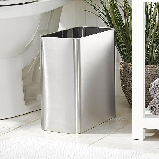 mDesign Stainless Steel Slim Rectangular Modern Metal 2.6 Gallon/10 Liter Trash Can Wastebasket Garbage Container Bin for Bathroom Bedroom Kitchen Home Office Holds Waste Recycling - Chrome