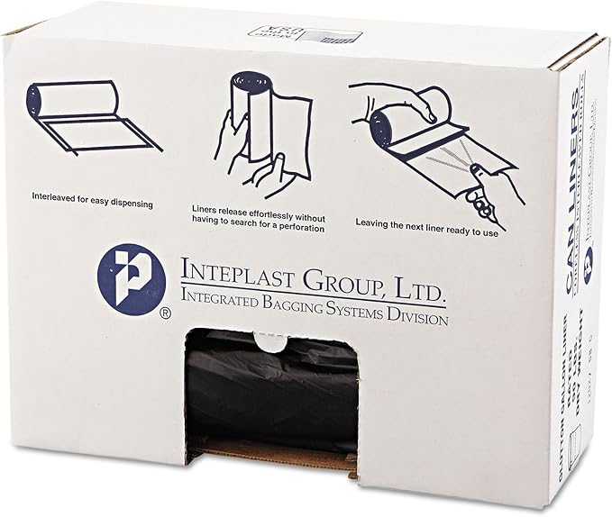 Inteplast Group VALH4348K22 46 Length x 43 Width x 19 Mic Thickness Black Color HDPE Commercial Coreless Valu-Plus Institutional Trash Can Liner (Case of 6 Roll 25 Bags per Roll)