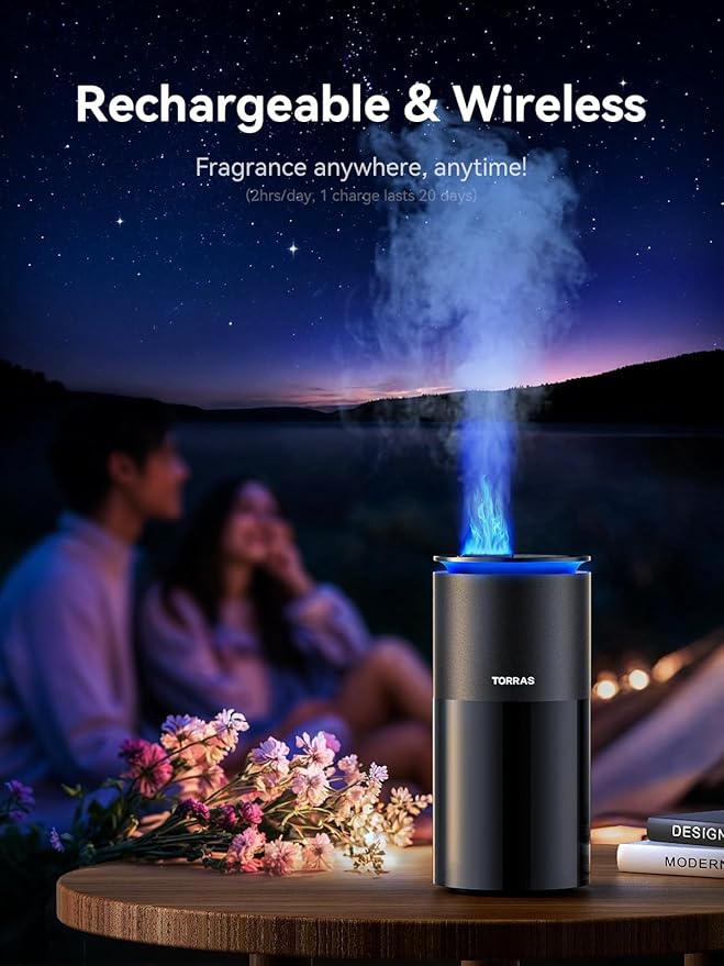 TORRAS Smart Car Air Freshener Ultrasonic Mist Blue Light Enhanced Fountain Nozzle Automatic On/Off Adjustable Fragrance Rechargeable Battery Ambient Light Premium Cologne Scent