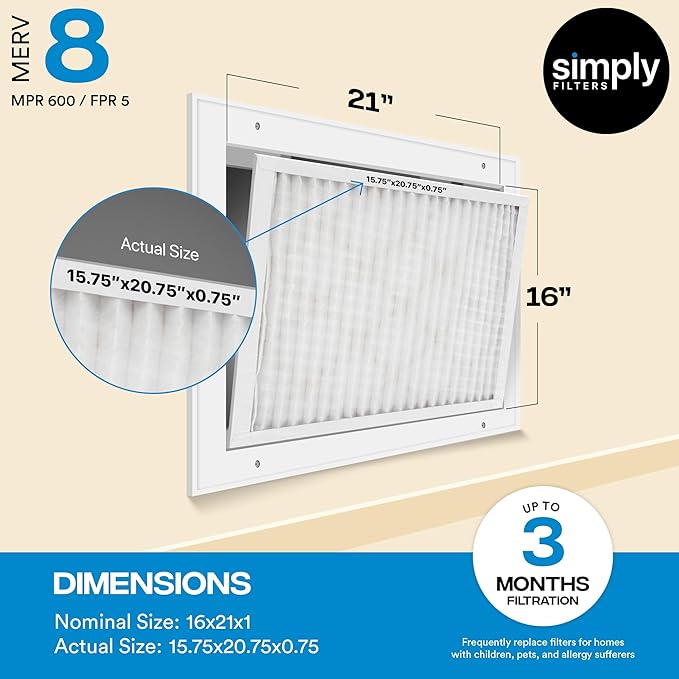 Simply 16x21x1 Air Filter Merv 8 6 Pack For Home AC Furnace &amp HVAC (Actual Size: 15.75x20.75x0.75) DUST Pet &amp Allergy Control