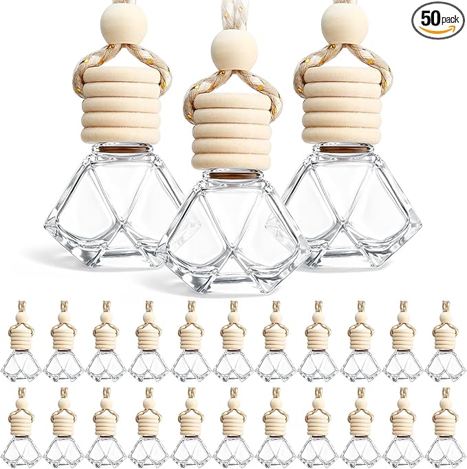 BBTO 50 Pcs Hanging Car Air Freshener Car Diffuser Bottles Empty Glass Perfume Bottle Freshener Diffuser Bottle Pendant for Essential Oil Fragrance Aromatherapy Ornament(Rhombus)