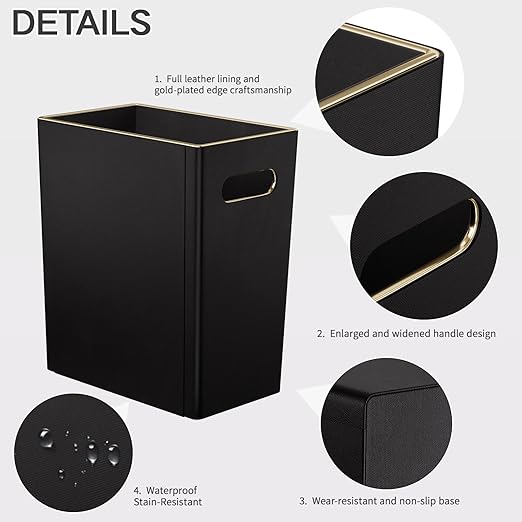 Black 3 Gallon Waste Basket 4 Gallon Trash Can Office Wastebasket with Gold-Tone Edging Decoration for BathroomPu Leather Waste Bins for Toilet Bedroom Living Room Office Home Modern Decor