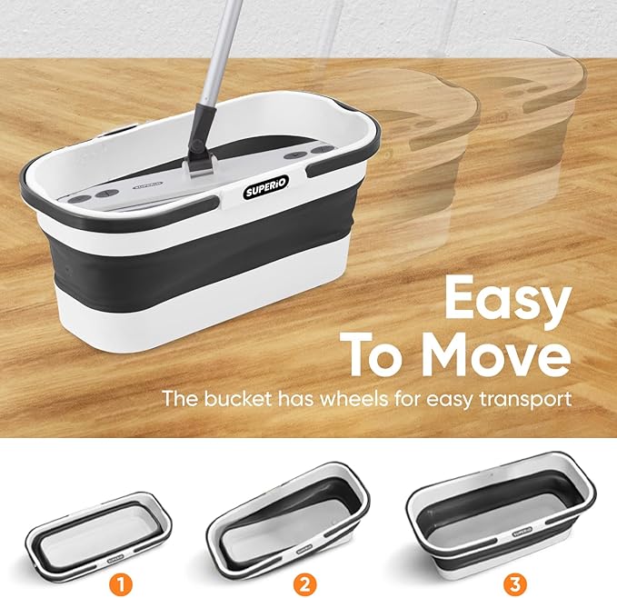 Superio Fold N' Go 10L Collapsible Mop Bucket with Wheels &amp Self-Wringing Microfiber Flat Mop - Portable Hands-Free Cleaning Set for Home Car Kitchen Bathroom Hardwood &amp Tile Floors