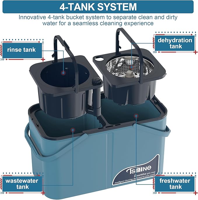 Gen 1 Large-Capacity Spin Mop and Bucket – for Big Homes &amp Deep Cleaning Days4-Chamber System Separates Dirty &amp Clean Water 2-GAL Heavy-Duty Design with Wheels &amp 8 Refill Mop Heads - Blu