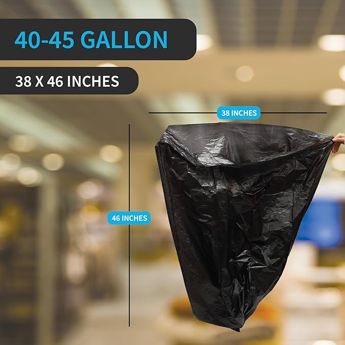 Black Garbage Bags Made in USA 40-45 Gallon Light Duty Durable Unscented High Density Industrial and Commercial Use for Lawn Leaf No Ears No Ties Bulk 250 Count