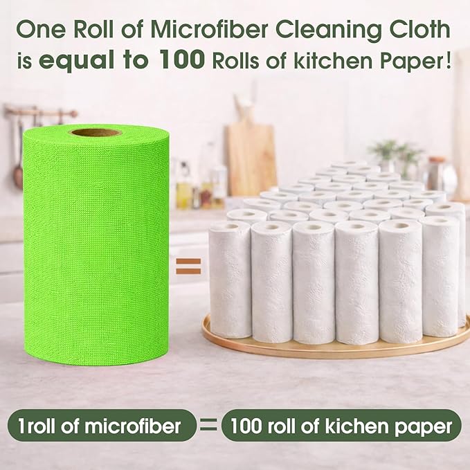 Microfiber Cleaning Cloth Roll - 100 Pack Tear Away Microfiber Paper Towels Reusable Washable Scratch-Free Kitchen Towels for Car Home Kitchen Glass Dishes (Neon Green)