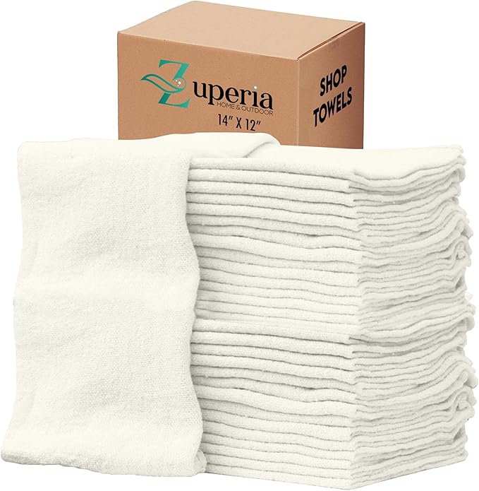 ZUPERIA Cotton Shop Towel – Multipurpose Cleaning Cloths (14 x 12 - Pack of 150 - White) Reusable Shop Rags for Automobiles Industrial Restaurants Garage and Homes