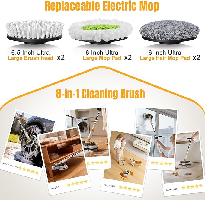 Cordless Electric Mop for Dewalt 20V Battery (NO Battery) 2 in 1 Spin Mop &amp Electric Floor Scrubber with LED Light &amp Water Spray Electric Mops for Floor Cleaning HardwoodTile (White Yellow
