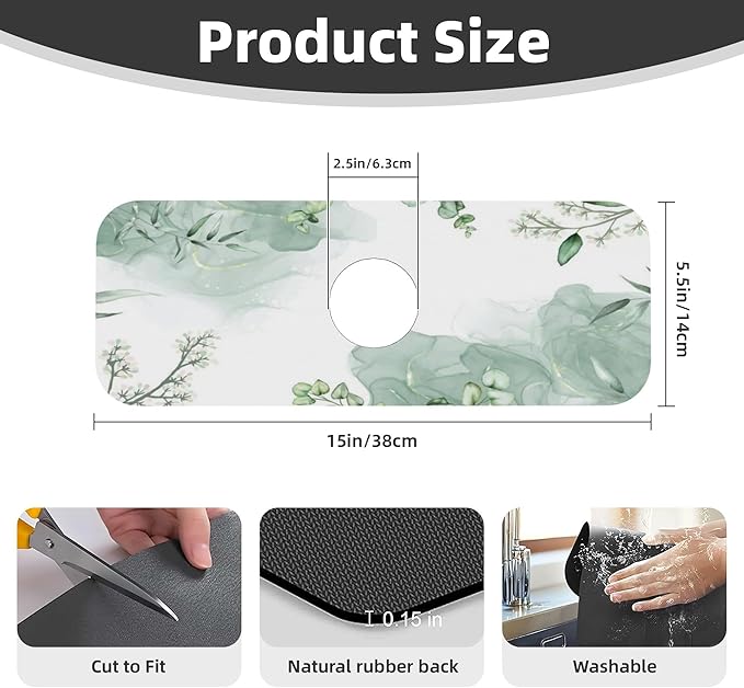 Watercolor Green Leaf Floral Dish Drying Mat for Kitchen Counter 16x18 Microfiber Absorbent Fast Dry Mat 2Pcs Dish Mat Faucet Mats Sets Large Drying Kitchen Mat Kitchen Drying Pad