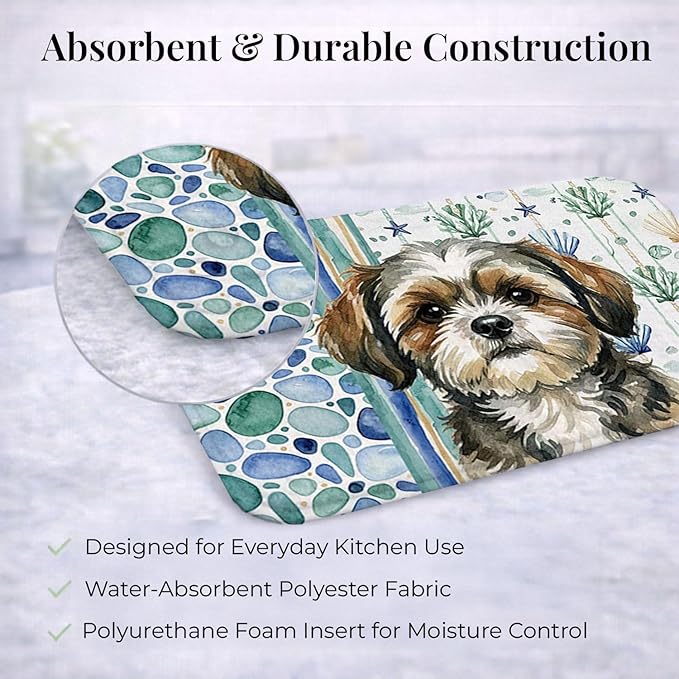 Caroline's Treasures Brindle Shih Tzu Coastal Sea Glass Dish Drying Mat Absorbent Dish Drying Mat Pad for Kitchen Counter Dish Drainer Mat for Countertop 14 x 21 Multicolor