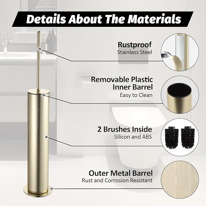 BGL Toilet Brush with Holder Set Brushed Gold Aluminium Standing for Bathroom Toilet Bowl Cleaner Brush and Holder Set Round Design