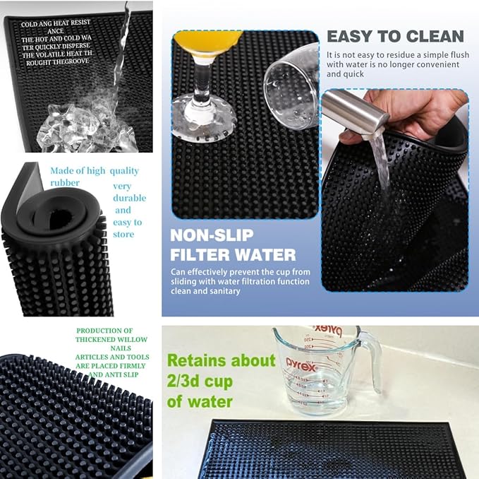 Bar Mat 4Pack IMIYOKU 0.3 Thick Durable Bar Mat for Spills Service Mat for Coffee Bars Restaurants and Counter Top Dish Drying Mat Glass Drying Mat (Black 1PC/18 x 12 +1PCS/23 x 3 +2PC/12 x 6)