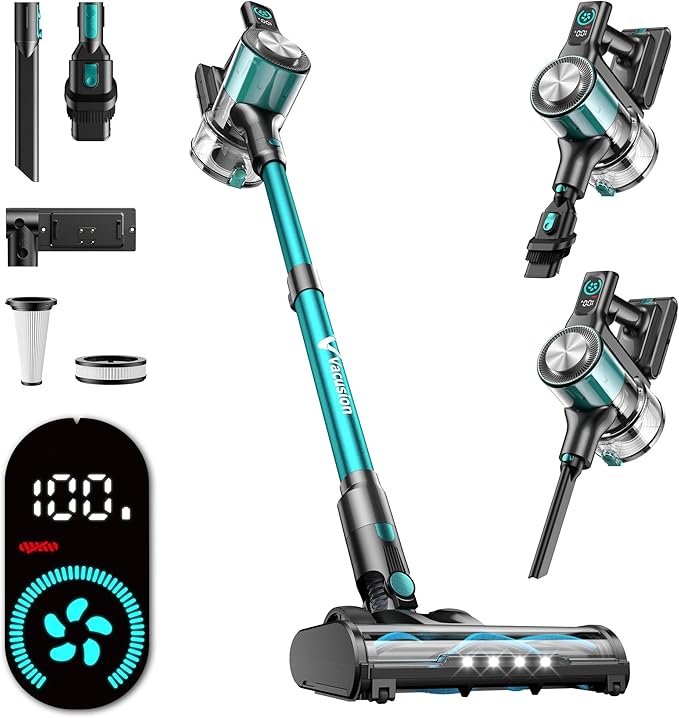 Cordless Vacuum Cleaner 8-in-1 Cordless Stick Vacuum Cleaner with 3 Suction Modes Up to 45mins Runtime Rechargeable Self-Standing Vacuum Cleaners for Home Pet Hair Carpet Car Hard Floor Green