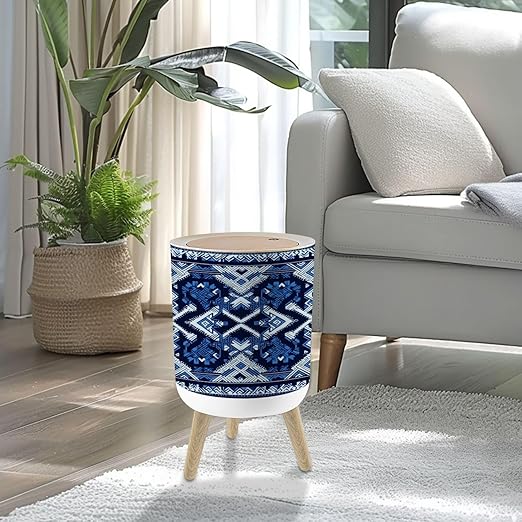 Small Trash Can with Lid Navy Blue Indigo Geometric ethnic oriental seamless thai traditional 1.8 Gallon/7L Garbage Can Waste Bin with Press Top Lid Legs Waste Basket for Bathroom Kitchen Bedroom