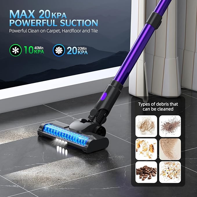 Cordless Vacuum Cleaner Stick Vacuum with LED Display 2 Modes 6 in 1 Lightweight Rechargeable Cordless Stick Vacuum with 40Min Detachable Battery Vacuum Cleaner for Home Hard Floor Carpet