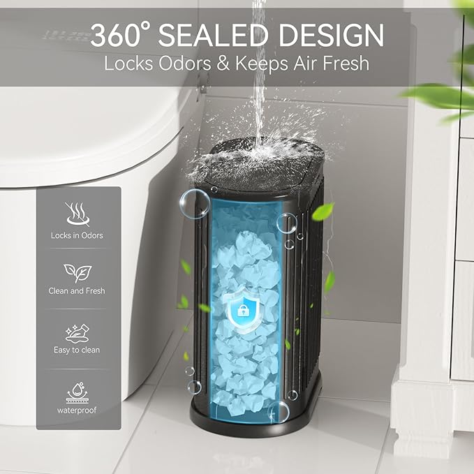 Small Bathroom Trash Can with Toilet Brush 1.6 Gallon Black Stainless Steel Garbage Can with LidSlim Wastebasket with Shower Caddy for Bathroom Bedroom