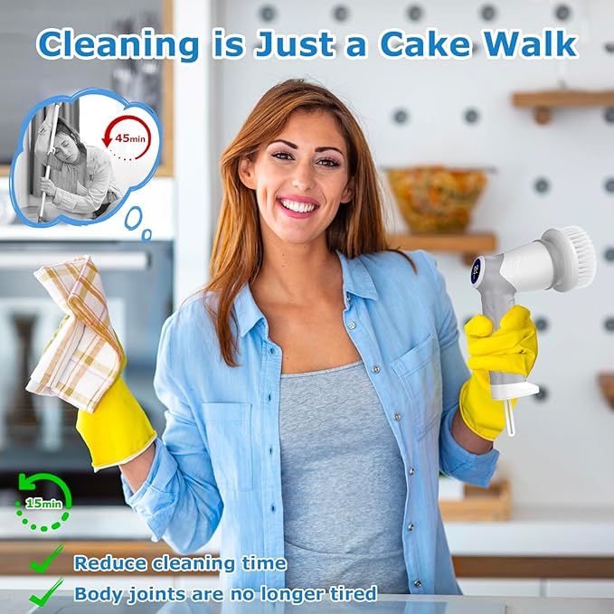 DAESUNG Electric Spin Scrubber Cordless Power Scrubber &amp Electric Cleaning Brush with 7 Replaceable Heads Dual Speed IPX7 Waterproof Handheld Scrubber for Bathroom Shower &amp Tile Cleaning